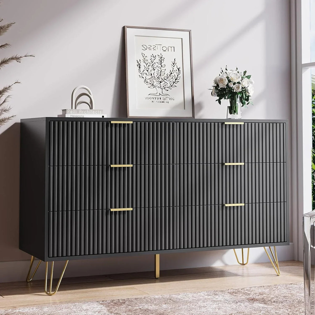 2026 NewFURNIWAY White 6 Drawer Dresser for Bedroom, Modern Dresser with Gold Metal Handles,Fluted Wood TV Stand for Living Room, Hallway