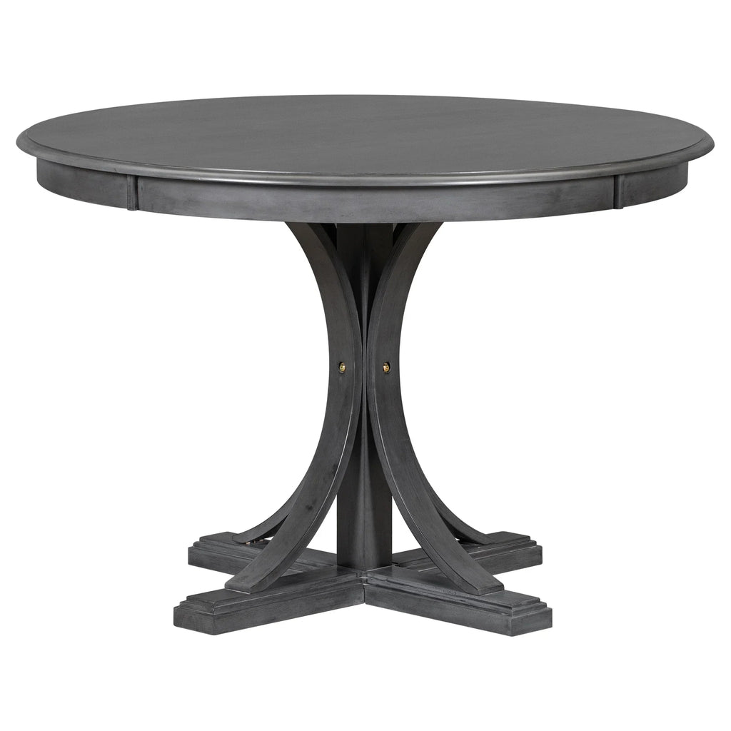 2026 New5 Piece Retro Round Dining Table Set with 4 Upholstered Chairs, Wood Dining Table with Curved Trestle Style Legs