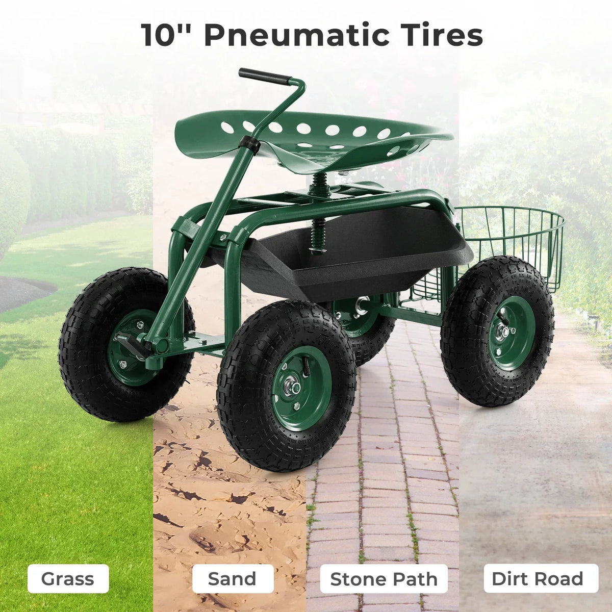2026 NewCostway Garden Cart Rolling Work Seat for Planting with Extendable Handle Green