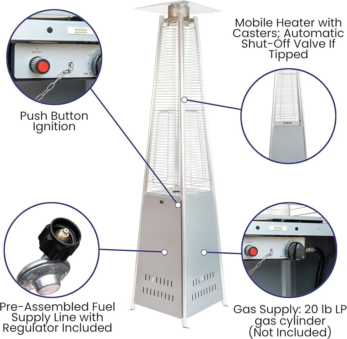 2026 NewSegmart 48,000 BTU Pyramid Patio Heater, Tall Standing Outdoor Propane Heater with Wheels & Tip-Over Safety Protection, Visible Flame Glass Tube for Backyard, Garden, Commercial Use - Gray