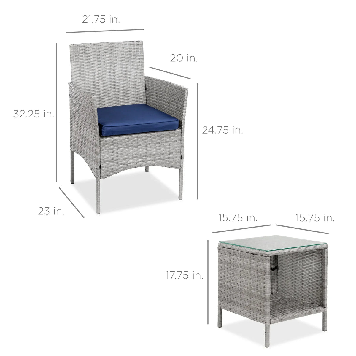 2026 NewBest Choice Products 3-Piece Outdoor Wicker Conversation Patio Bistro Set, w/ 2 Chairs, Table - Gray/Navy