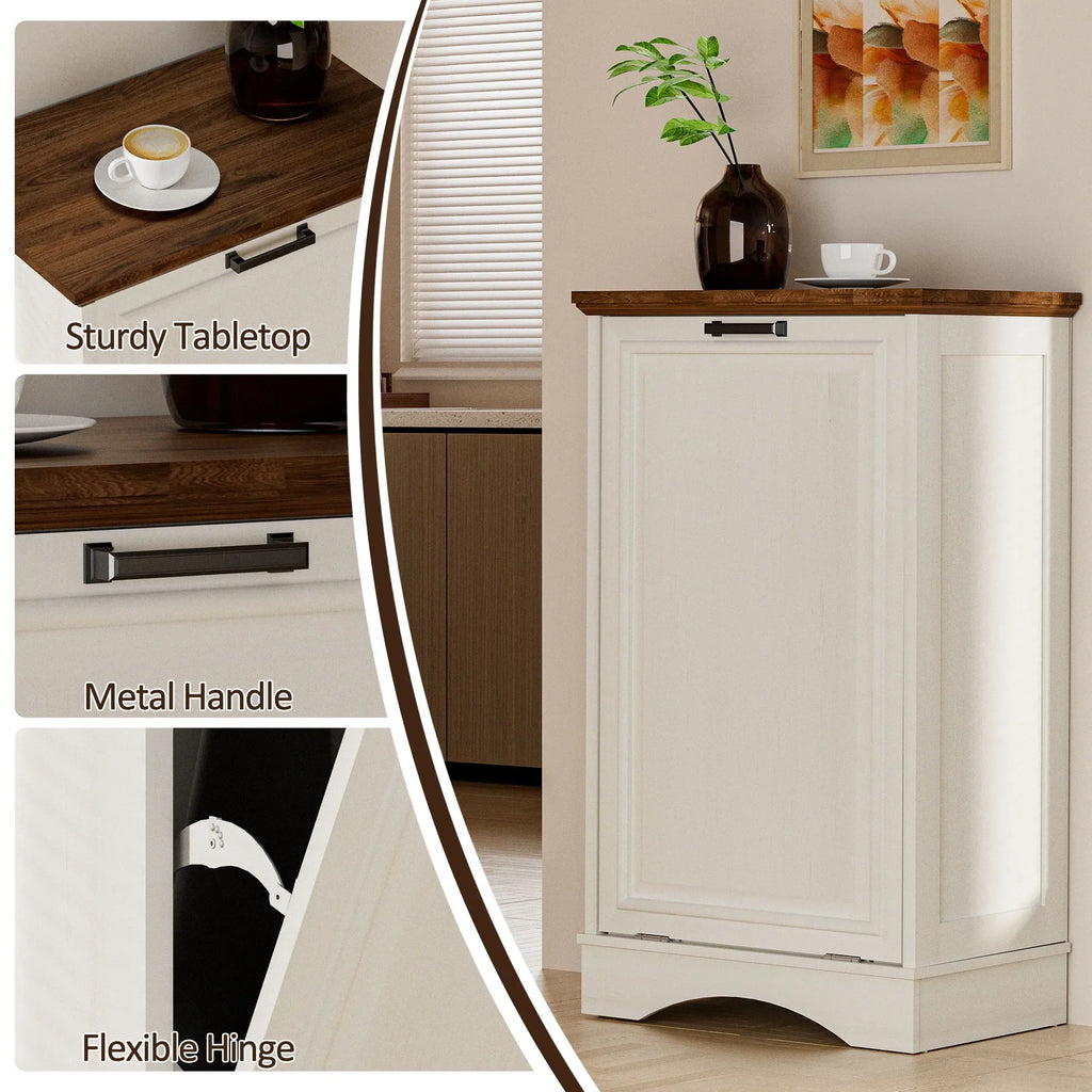 2026 NewHARIPUL Single Tilt Out Trash Cabinet for 13 Gallon Waste Bin, Free Standing Kitchen Trash Can Cabinet with Drawers, White