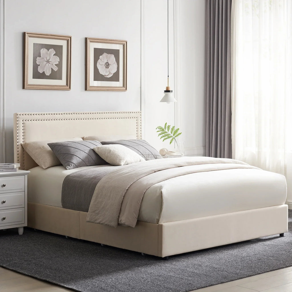 2026 NewVECELO Full Bed Frame with 4 Storage Drawers (Wheeled) and Tufted Upholstered Adjustable Headboard Platform Bed, Beige