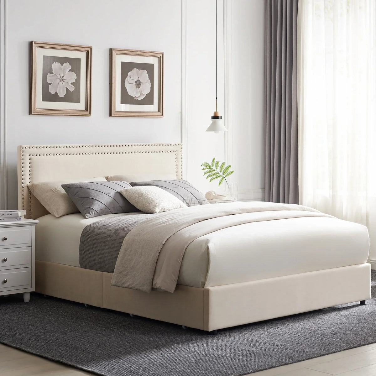 2026 NewVECELO Full Bed Frame with 4 Storage Drawers (Wheeled) and Tufted Upholstered Adjustable Headboard Platform Bed, Beige