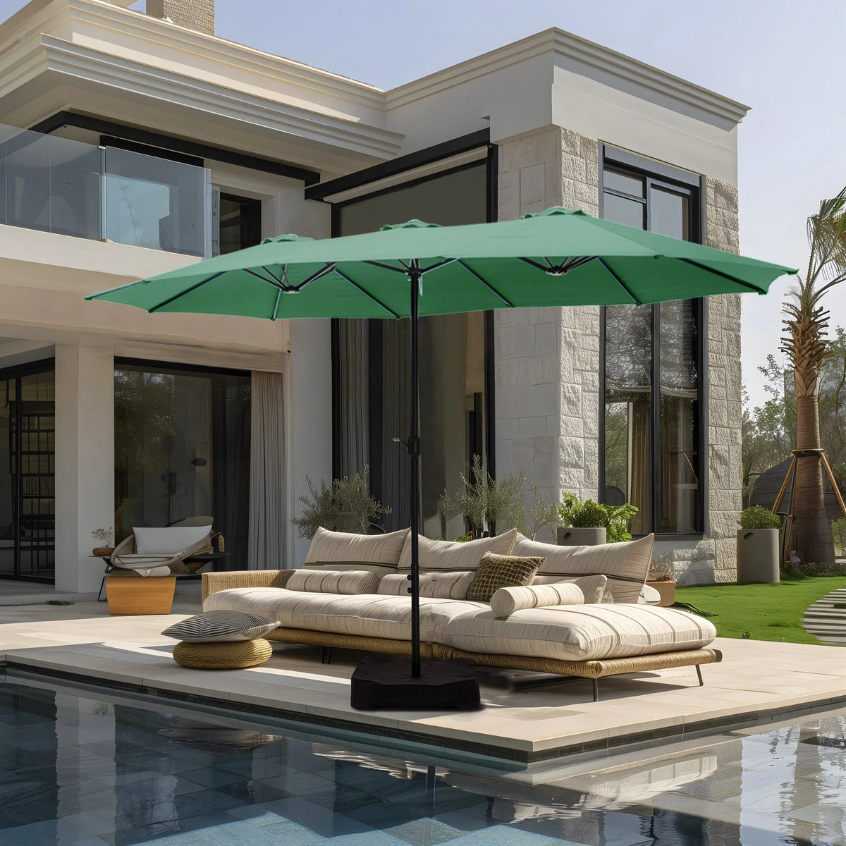 2026 NewAlpha Joy 15ft Outdoor Patio Umbrella Extra-Large Double-Sided Garden Umbrella with Crank Handle and Base - Smoky Gray