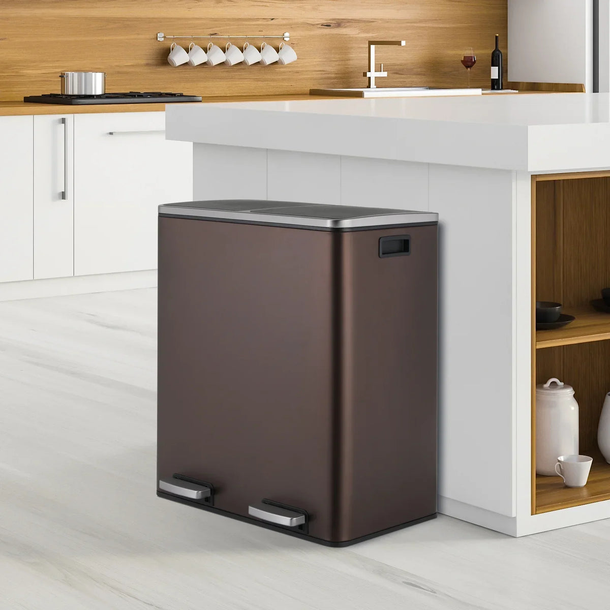 2026 NewLAZY BUDDY Dual Garbage Can, Stainless Steel 16 Gallon Step Kitchen Trash Can with Soft-Close Lid, Double Compartment Garbage Recycling Bin