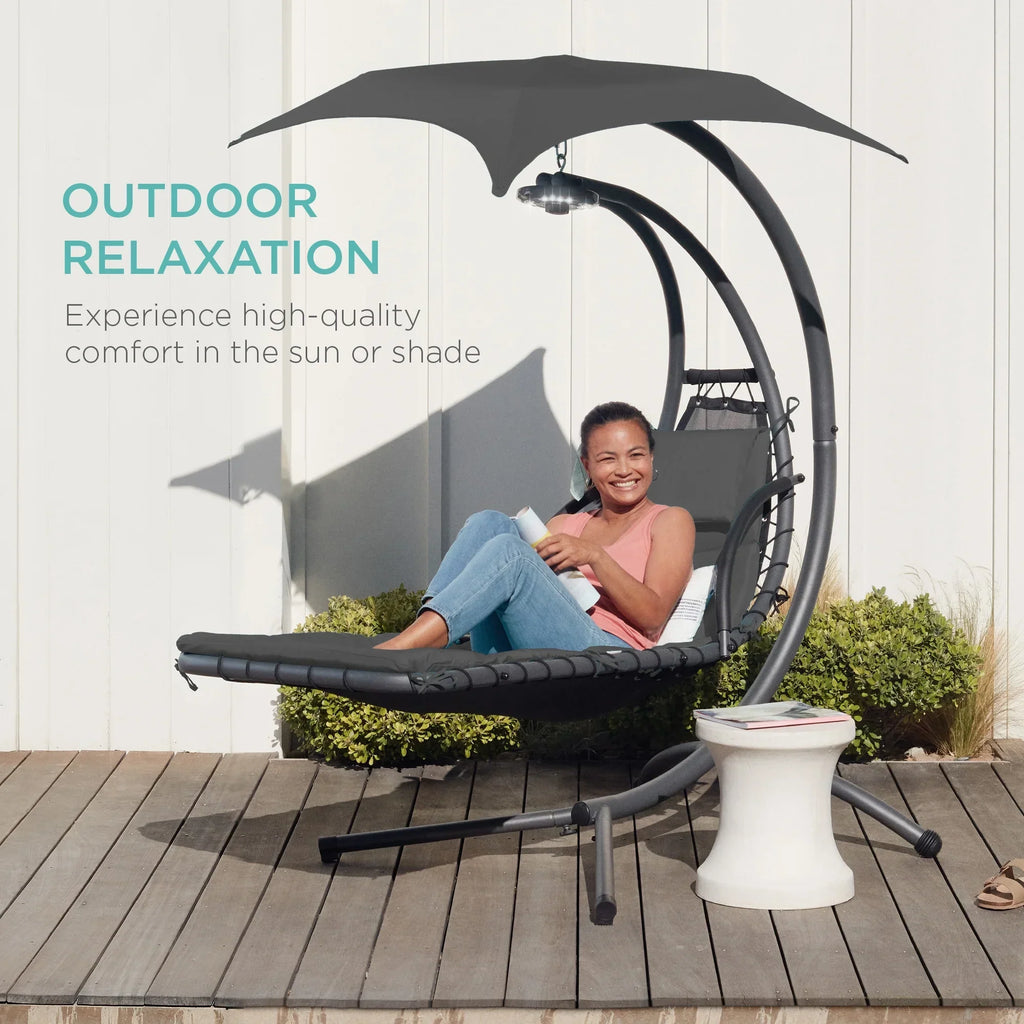 2026 NewBest Choice Products Hanging Curved Chaise Lounge Chair Swing for Backyard, Patio w/ Pillow, Shade, Stand - Teal