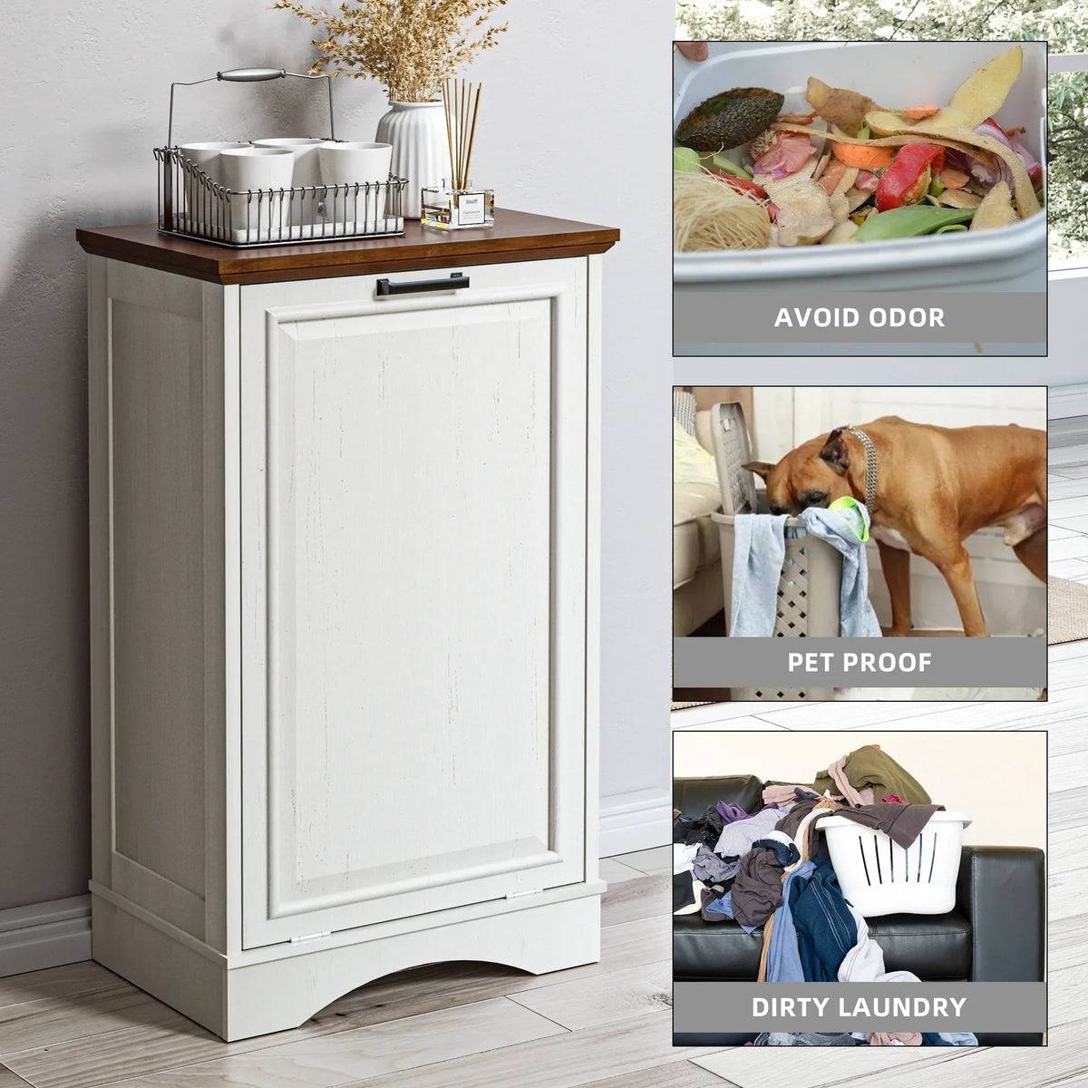 2026 NewHARIPUL Single Tilt Out Trash Cabinet for 13 Gallon Waste Bin, Free Standing Kitchen Trash Can Cabinet with Drawers, White