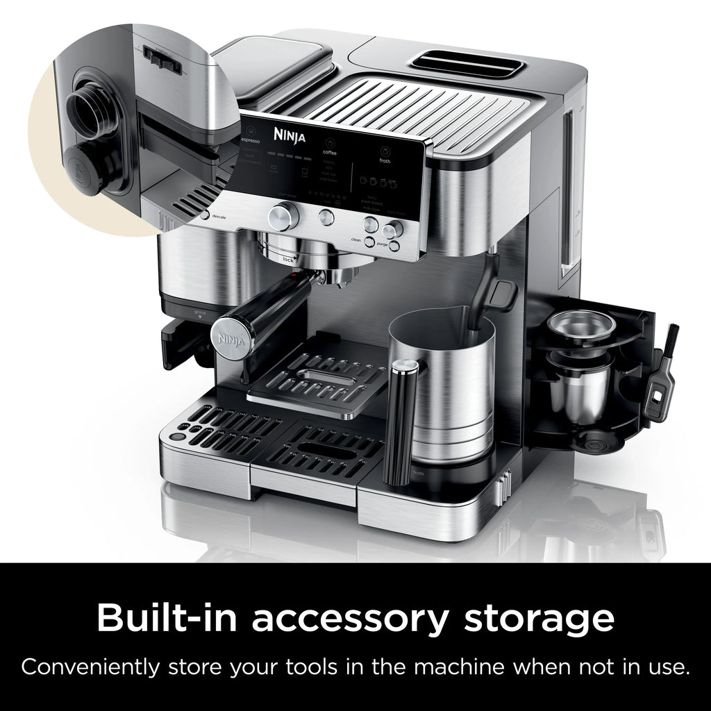 2026 NewNinja Luxe Cafe Premier Series, Stainless Steel Espresso Machine and Drip Coffee Maker with integrated Coffee Grinder and Milk Frother, ES601