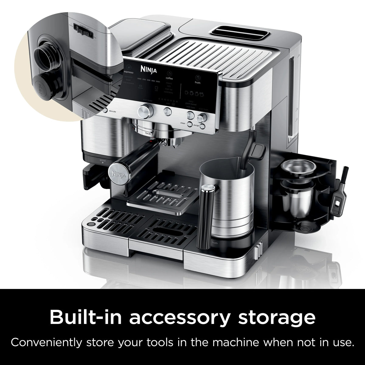 2026 NewNinja Luxe Cafe Premier Series, Stainless Steel Espresso Machine and Drip Coffee Maker with integrated Coffee Grinder and Milk Frother, ES601