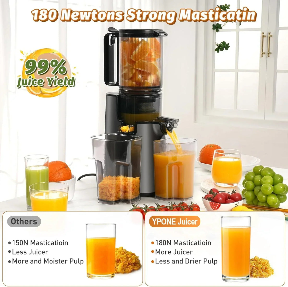 2026 NewYPONE Cold Press Juicer, Masticating Juicer with 5.4" Wide Feed Chute, 350w Slow Juicer Machines Fit Whole Vegetables and Fruits,Juice Extractor Machine with High Juice Yield, Easy to Clean(Black)