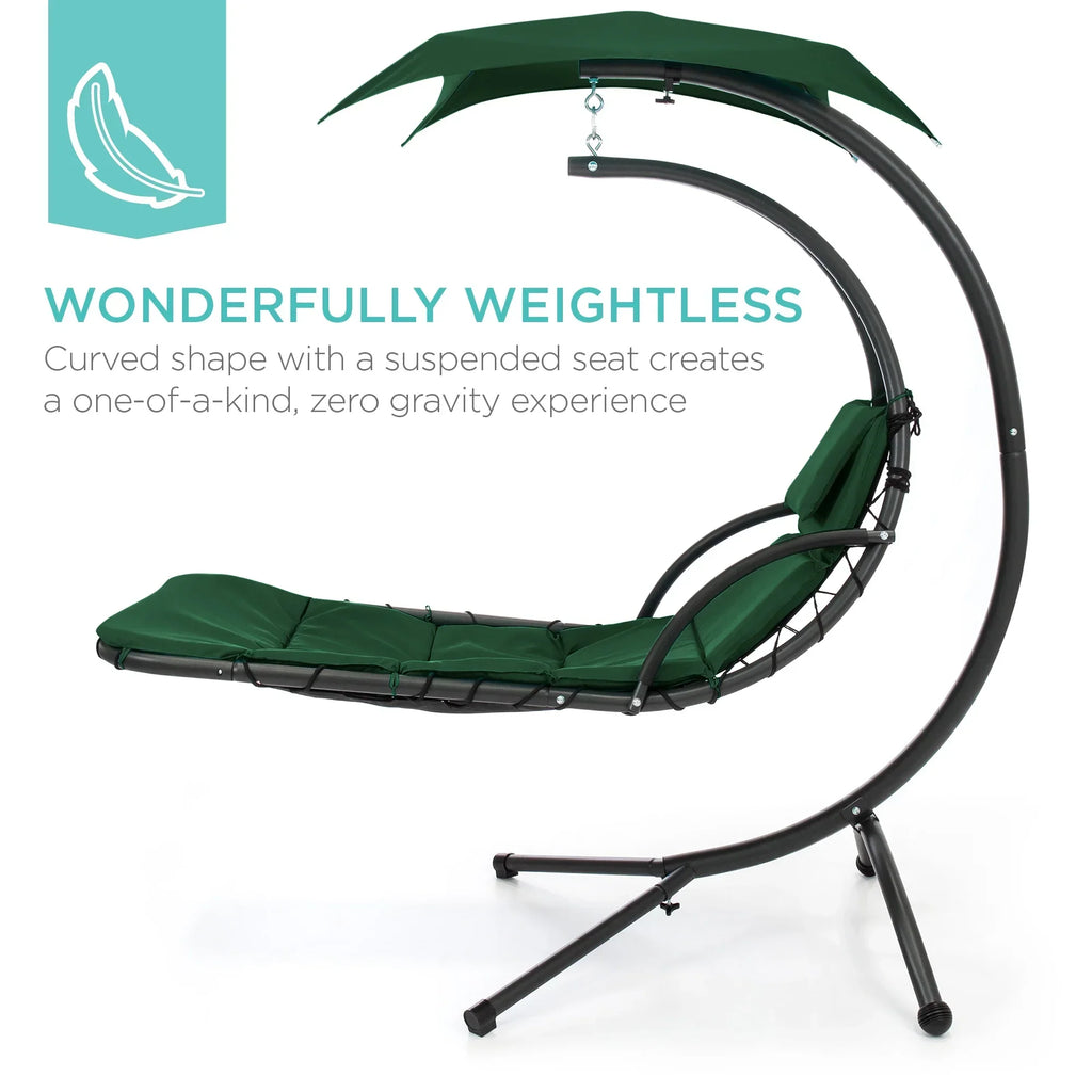 2026 NewBest Choice Products Hanging Curved Chaise Lounge Chair Swing for Backyard, Patio w/ Pillow, Shade, Stand - Teal