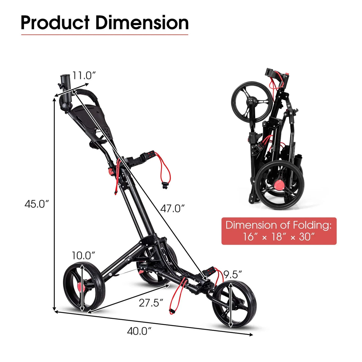 2026 NewCostway Foldable 3 Wheel Steel Golf Pull Push Cart Trolley Club w/ Umbrella Holder