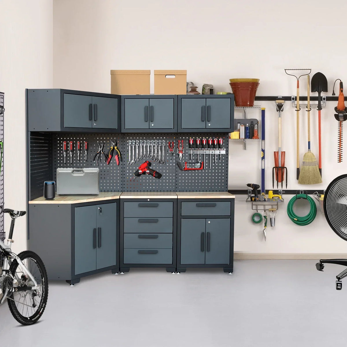 2026 NewHPDMC Garage Storage Cabinet System 7-Pcs Workshop Set Metal Garage Cabinets System with Steel Cabinet Drawers, Workbench, Pegboard for Garage Tool Organization