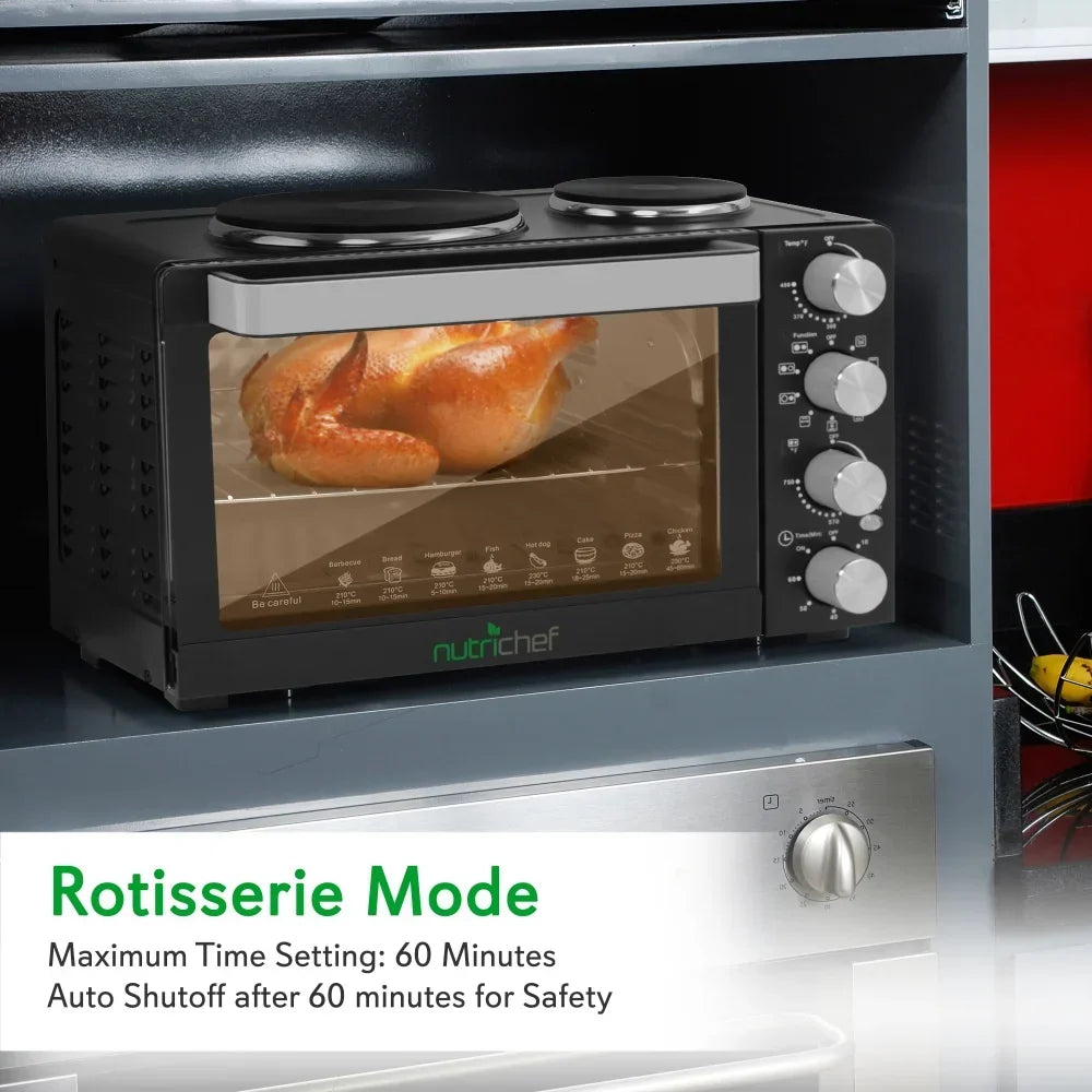 2026 NewNutriChef 30 Quart Kitchen Convection Oven & 2 Burner Cooker - 1500 Watt Oven - 7 Cook Functions Rotisserie, Cook, Bake, Broil & More - Includes Baking Tray, Skewers & Handles - 19.6 x 16.0 x 13.5 IN