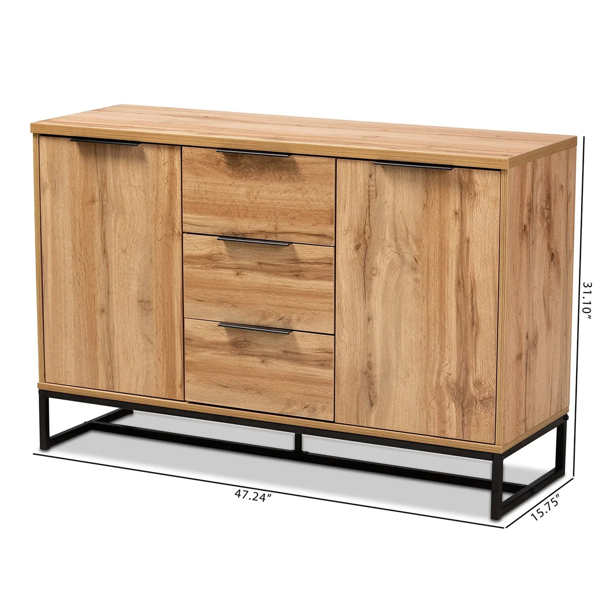 2026 NewBaxton Studio Reid Modern and Contemporary Industrial Oak Finished Wood and Black Metal 3-Drawer Sideboard Buffet