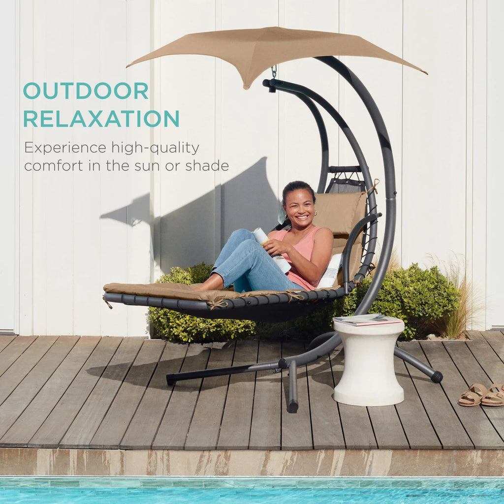 2026 NewBest Choice Products Hanging Curved Chaise Lounge Chair Swing for Backyard, Patio w/ Pillow, Shade, Stand - Teal