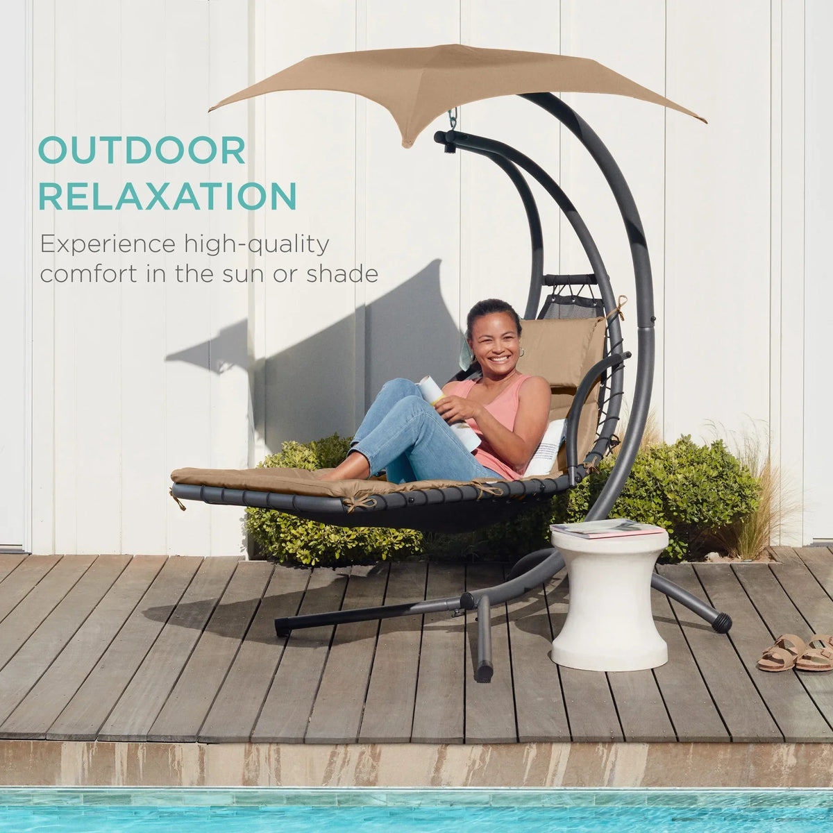 2026 NewBest Choice Products Hanging Curved Chaise Lounge Chair Swing for Backyard, Patio w/ Pillow, Shade, Stand - Teal