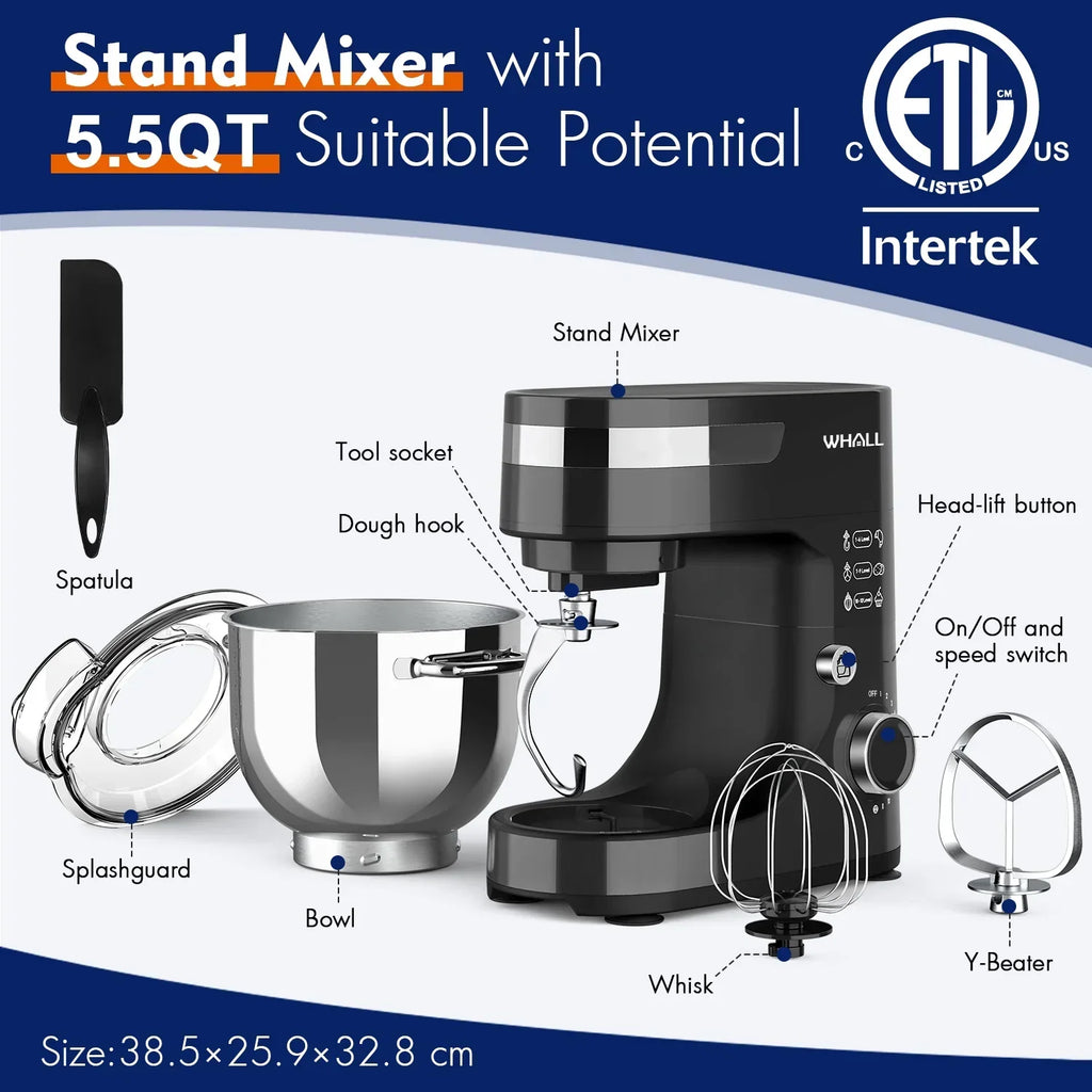 2026 NewWHALL Stand Mixer - 5.5Qt 12-Speed Tilt-Head Electric Kitchen Mixer with Dough Hook/Wire Whip/Beater, Stainless Steel Bowl (Black) New