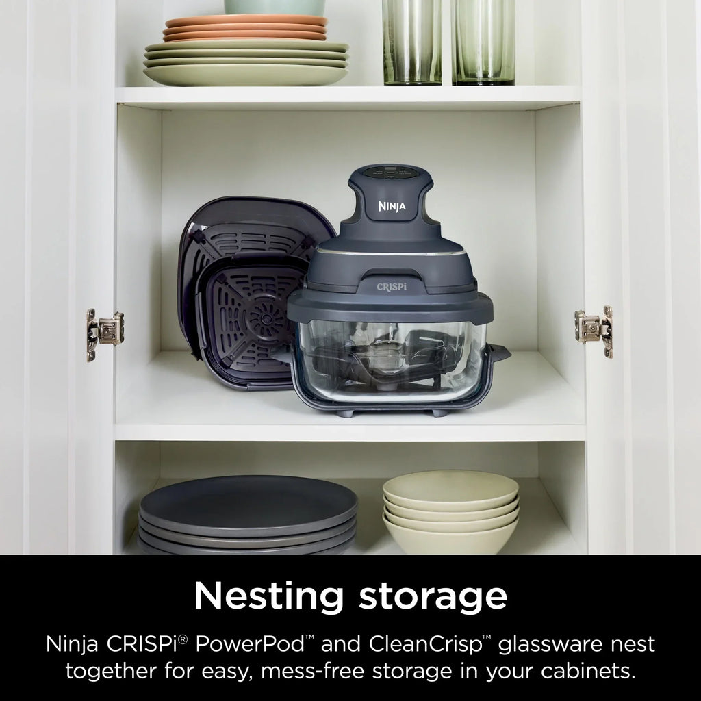 2026 NewNinja Crispi 4-in-1 Portable Glass Air Fryer Cooking System, 4-Qt & 6-Cup Containers, Cyberspace