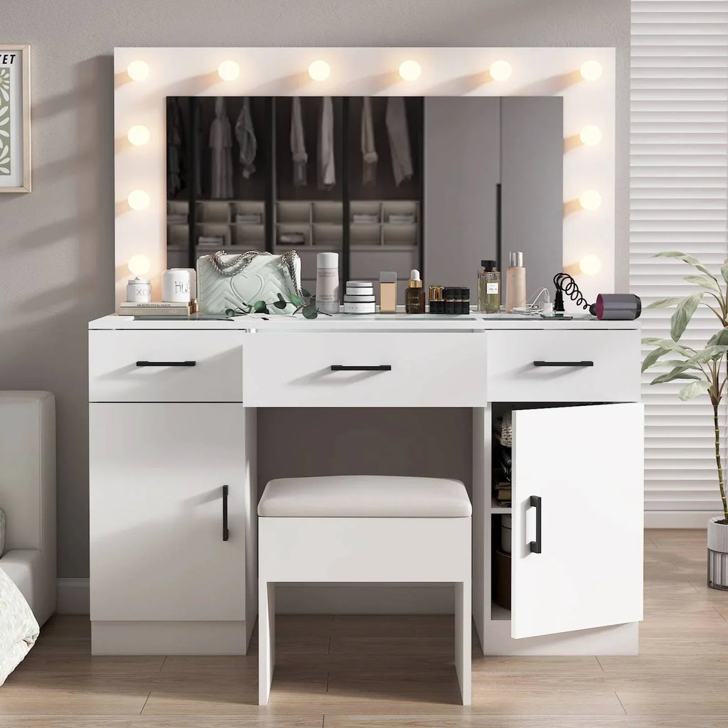 2026 NewKtaxon Large Makeup Vanity, Vanity Table Set w/ Visible Glass Top w/ Charging Station, White