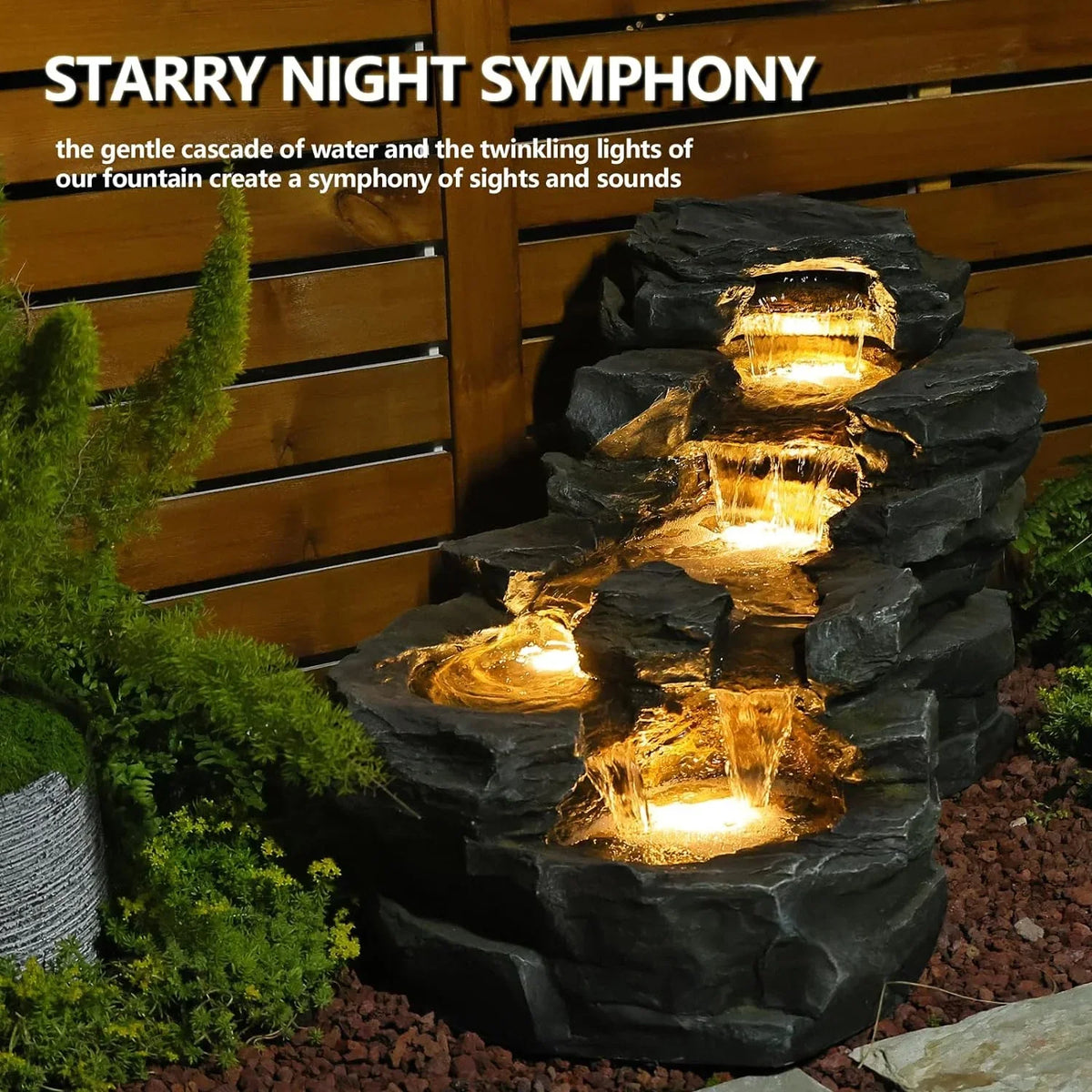 2026 NewOutdoor Water Fountain Floor Standing Tiers Rock Natural Waterfall Outdoor Fountains with LED Lights for Garden, Patio, Porch