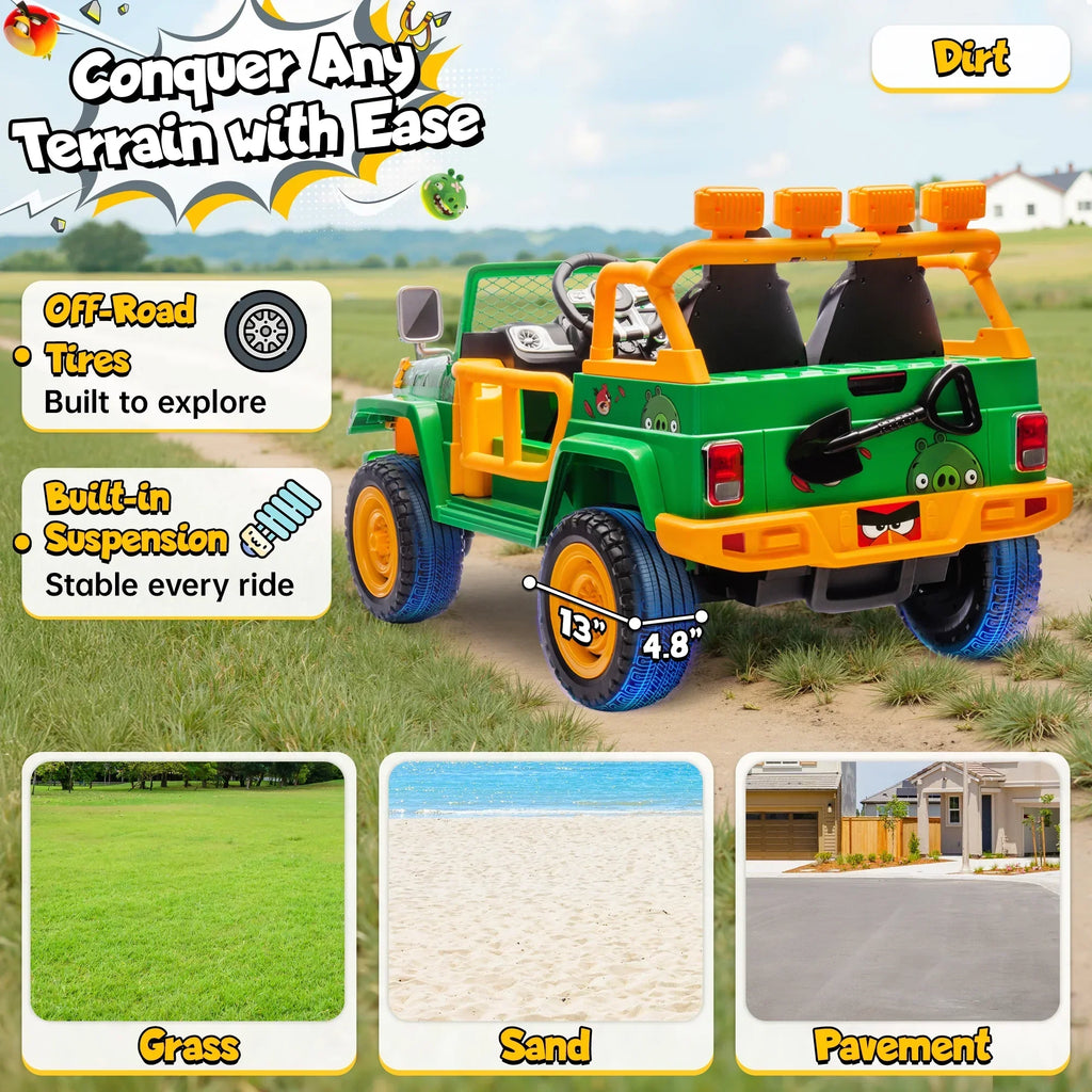 2026 NewJoyracer 24 Volt Ride on Toys for Big Kids, Licensed Angry Birds Ride on Truck with Remote, 2 Seater 4WD Electric Ride ons with Shovel, Bluetooth, Lights, Power Car Wheels for 3-8, 130lbs, Green
