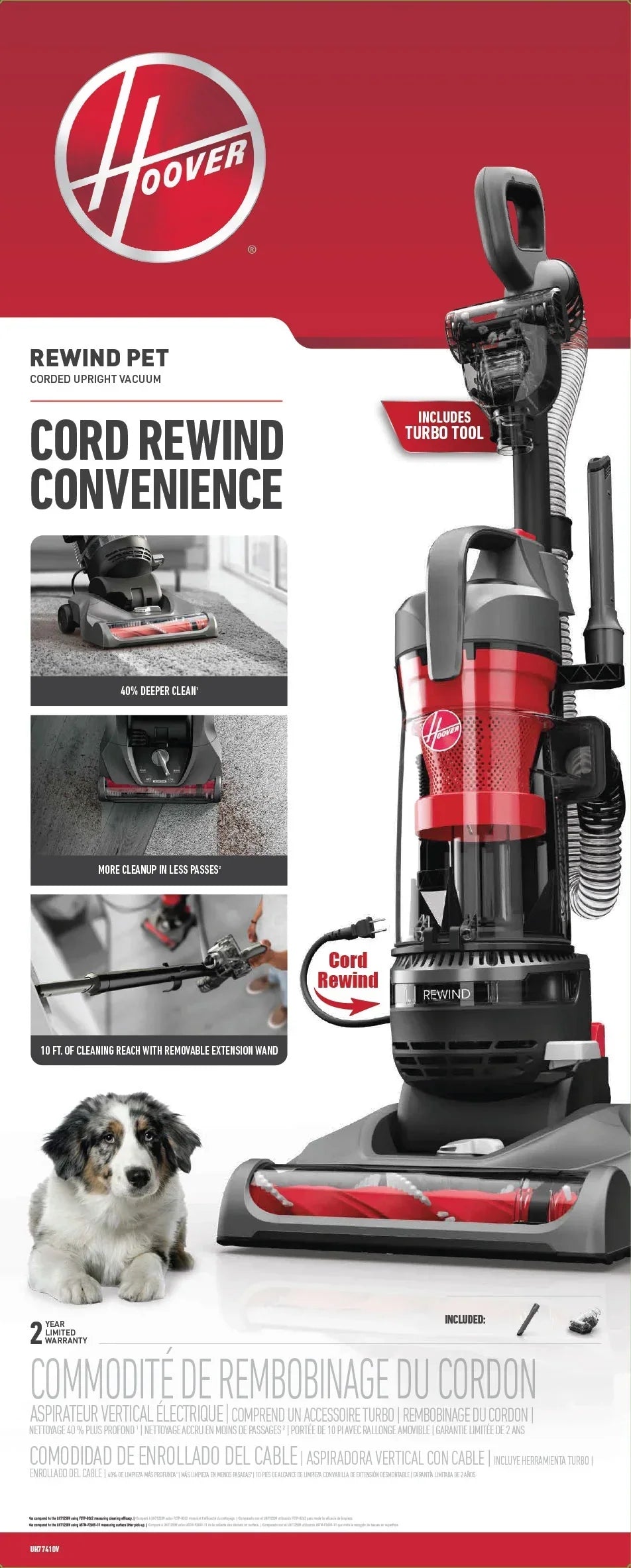 2026 NewHoover Rewind Pet Bagless Upright Vacuum Cleaner, Pet Friendly, Automatic Cord Rewind, Multi-Surface and Above Floor Cleaning, UH77410V, Gray & Red