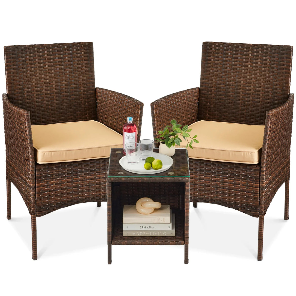 2026 NewBest Choice Products 3-Piece Outdoor Wicker Conversation Patio Bistro Set, w/ 2 Chairs, Table - Gray/Navy