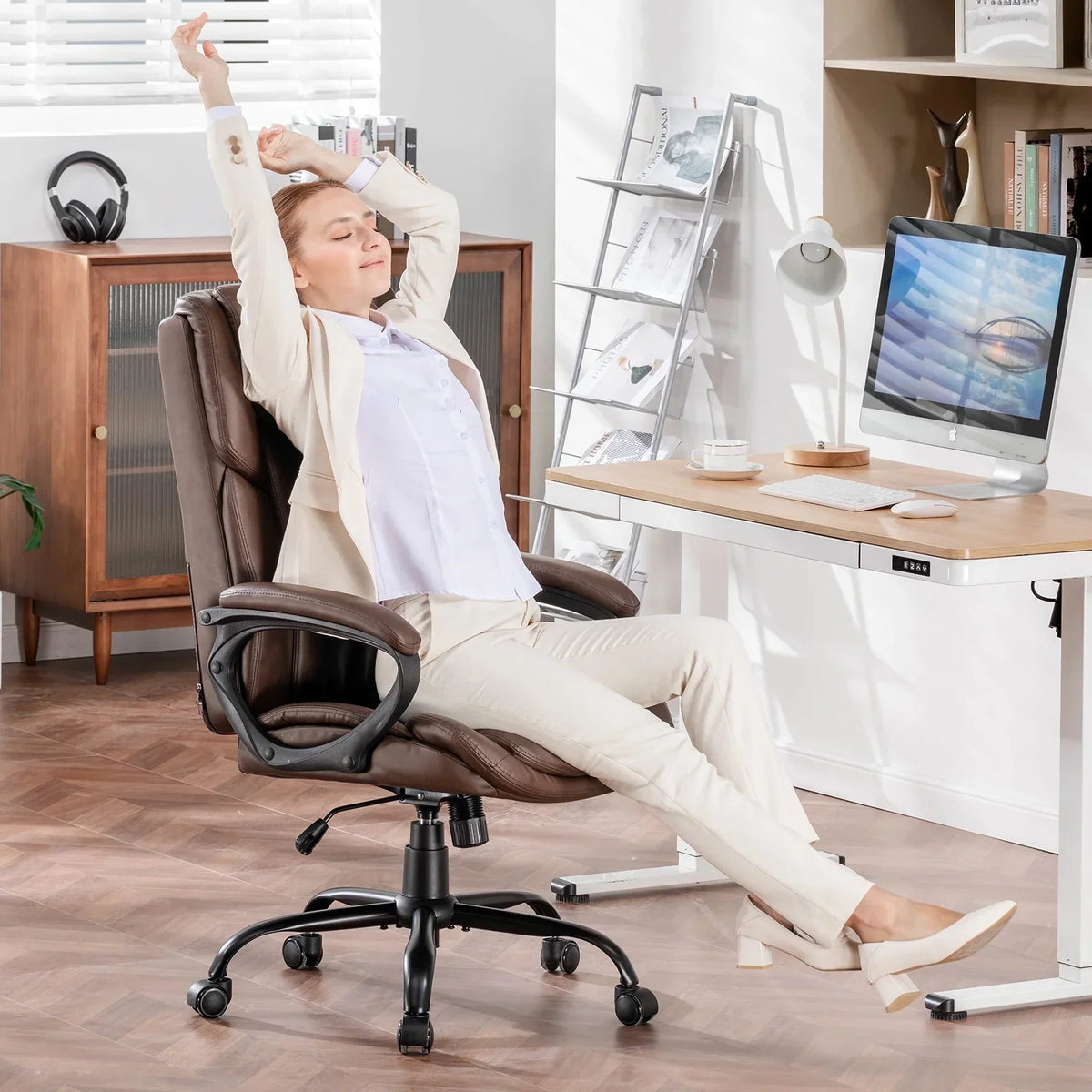 2026 NewMainstays Executive Ergonomic High Back Leather Home Office Desk Chair, Black