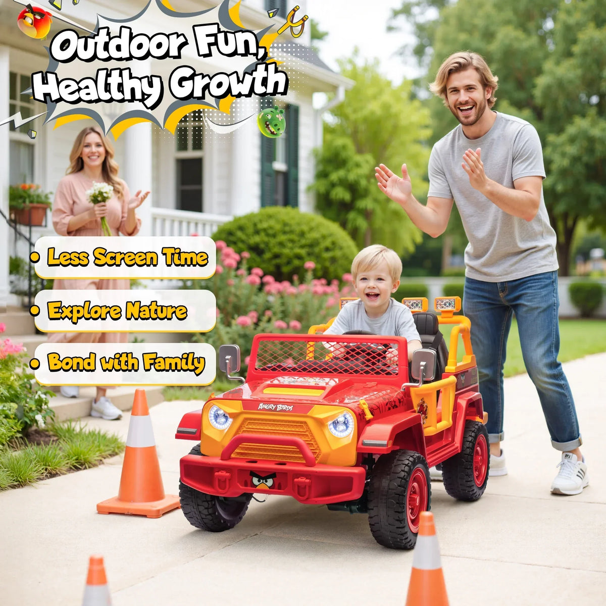 2026 NewJoyracer 24 Volt Ride on Toys for Big Kids, Licensed Angry Birds Ride on Truck with Remote, 2 Seater 4WD Electric Ride ons with Shovel, Bluetooth, Lights, Power Car Wheels for 3-8, 130lbs, Green