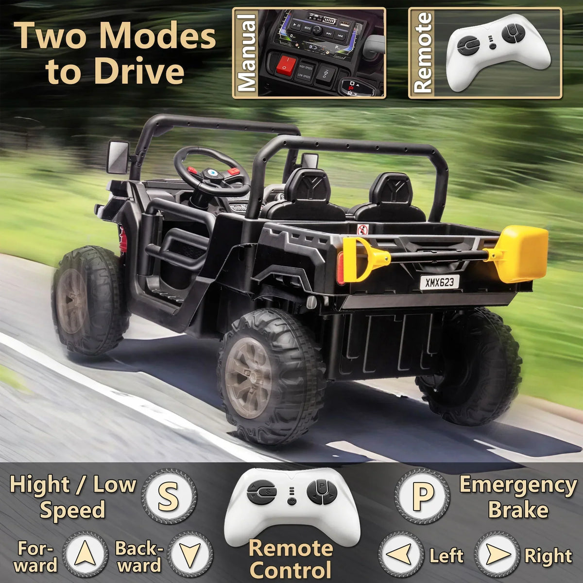 2026 NewXuanlur 24V 2 Seater Kids Ride on Car Truck, Ride on UTV W/ 2x200W Motor, 24 Volt Ride on Toys W/ Dump Bed/Shovel, Electric Car for Kids W/ Durable Tires, LED Light, Music, Remote Control, Black