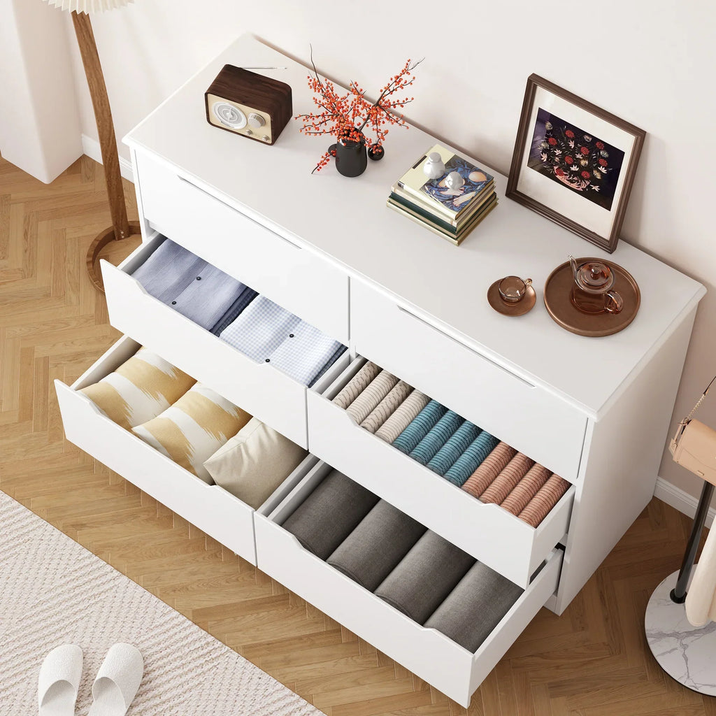 2026 NewDresser for Bedroom, Lofka 6 Drawer Double Dresser with Cutout Handles, Large Storage Capacity, Anti-Tip Safety, Modern Wood Chest of Drawers, Smooth Metal Rail, White