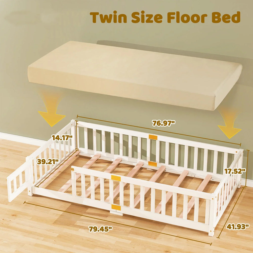 2026 NewSlsy Twin Size Toddler Floor Bed, Solid Wood Montessori Bed Frame with Fence & Door Montessori Floor Bed Crib with Safety Guardrails for Girls and Boys