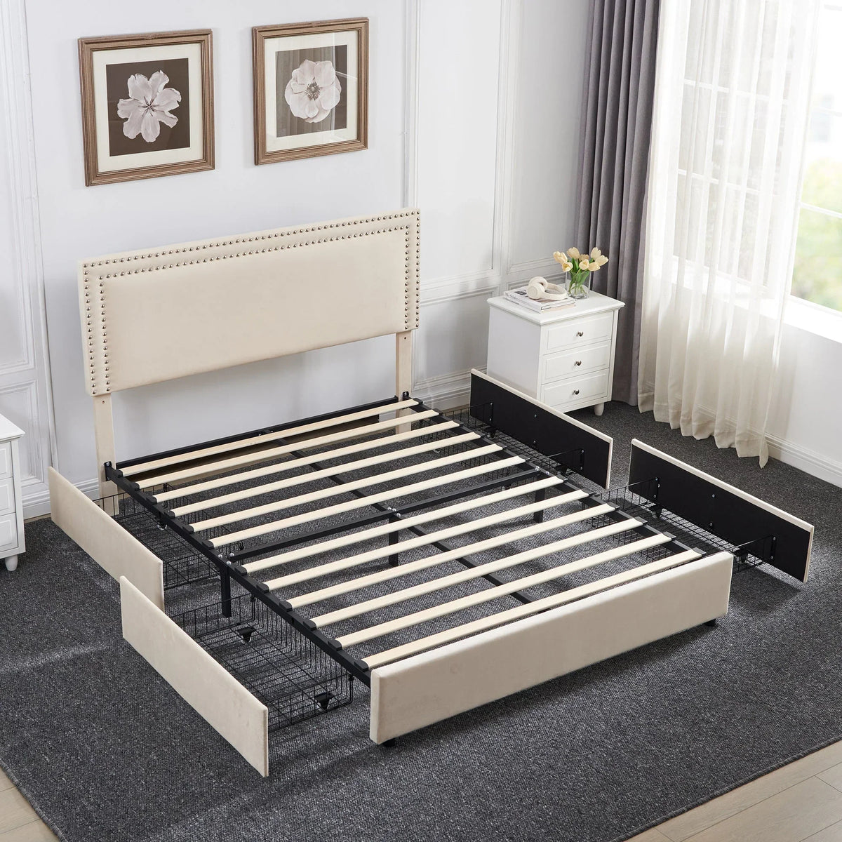 2026 NewVECELO Full Bed Frame with 4 Storage Drawers (Wheeled) and Tufted Upholstered Adjustable Headboard Platform Bed, Beige