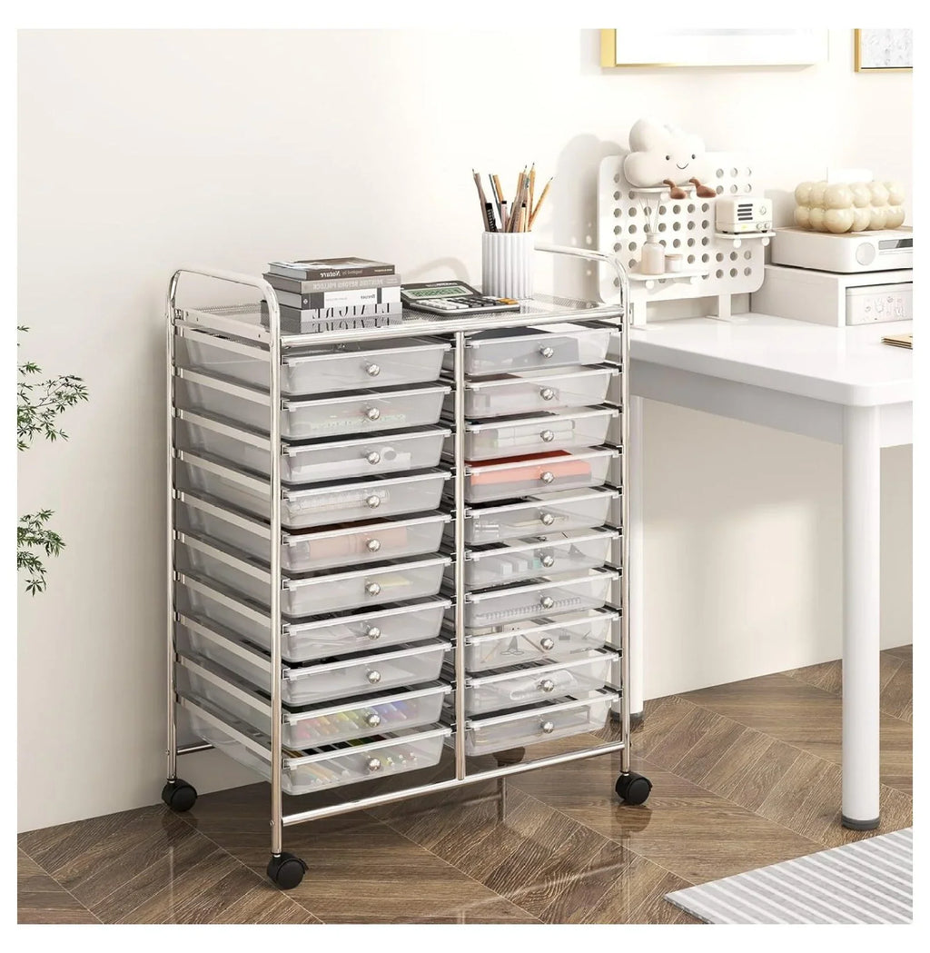 2026 New20 Drawers Storage Cart w/Rolling Wheels, Semi-Transparent Mobile Rolling Drawer Cart for School Classroom Office Home Salon, Files Scrapbook Craft Organizer, Utility Cart on Wheels (Clear)