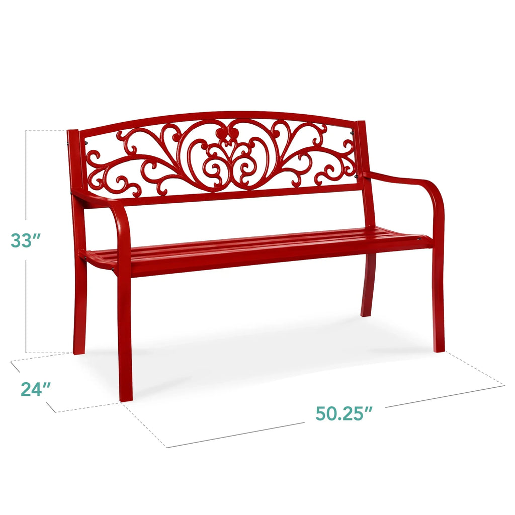 2026 NewBest Choice Products Outdoor Steel Bench Garden Patio Porch Furniture w/ Floral Design Backrest - Black