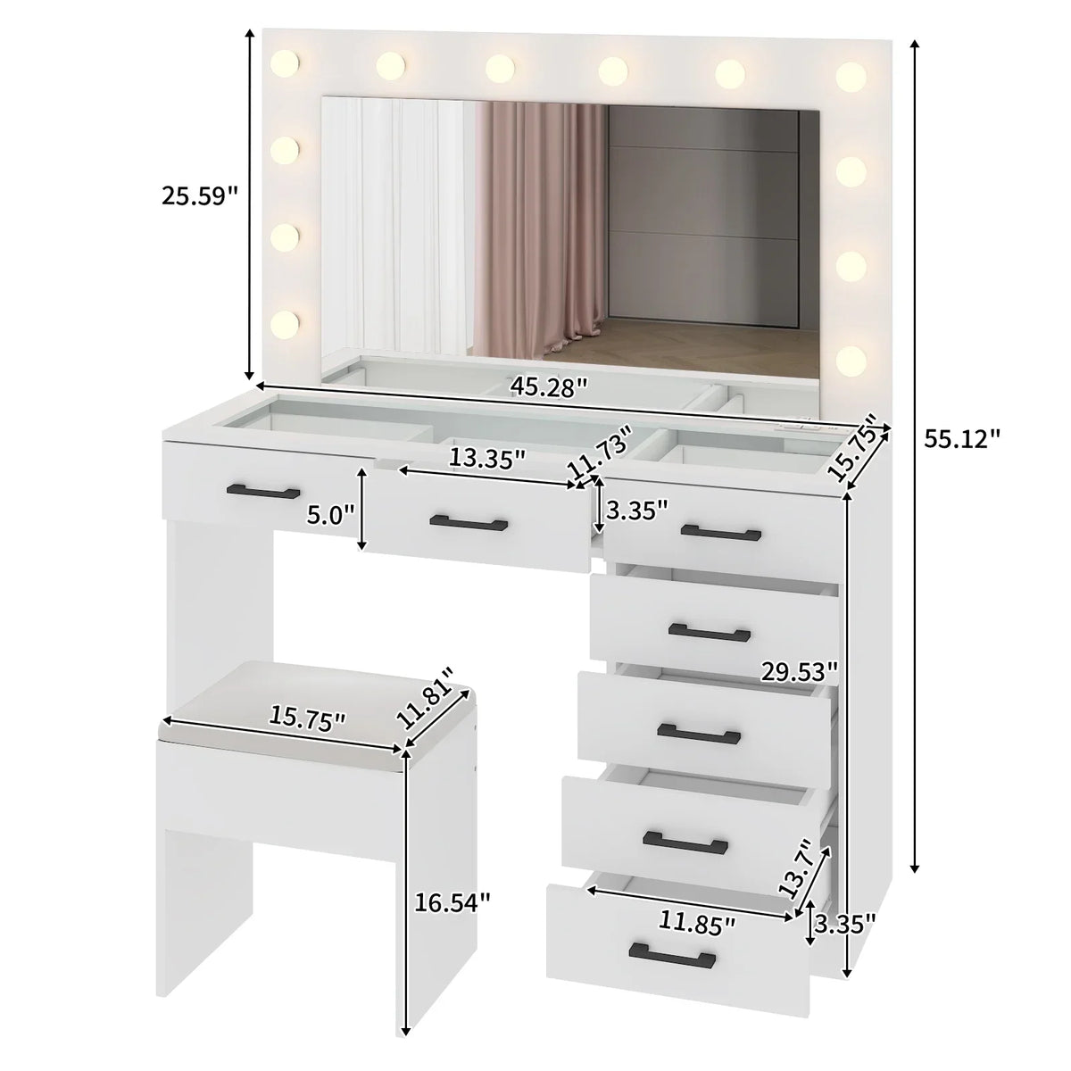 2026 NewKtaxon Large Makeup Vanity, Vanity Table Set w/ Visible Glass Top w/ Charging Station, White