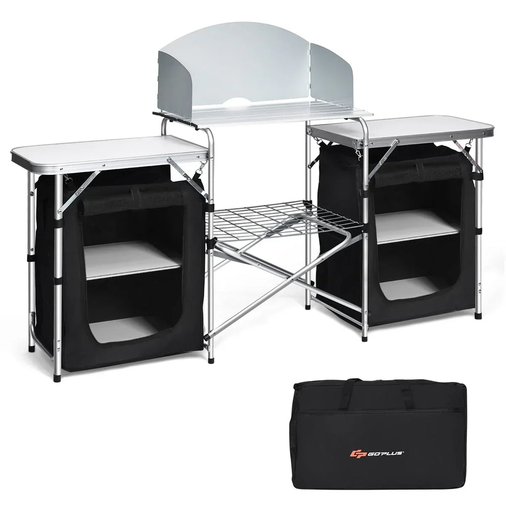 2026 NewGoplus Folding Portable Aluminum Camping Grill Table w/ Storage Organizer Windscreen Black
