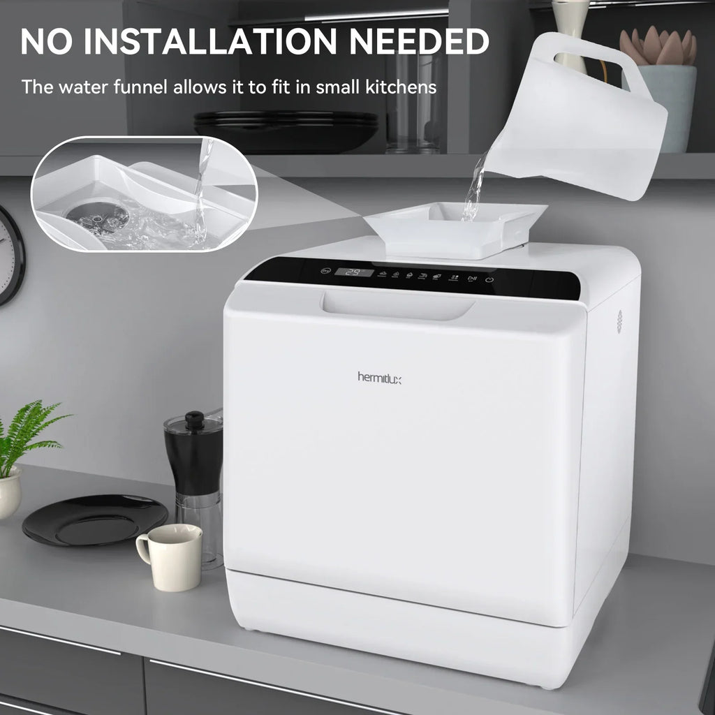 2026 NewHermitlux Portable Countertop Dishwasher, 5 Washing Programs, 5L Built-in Water Tank and Air-Dry Function, HMX-DW03