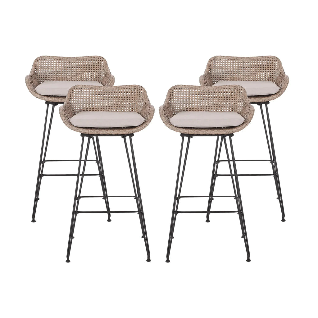 2026 NewVerano Wicker and Metal Outdoor Barstools with Cushion, Set of 4, Mixed Brown and Beige
