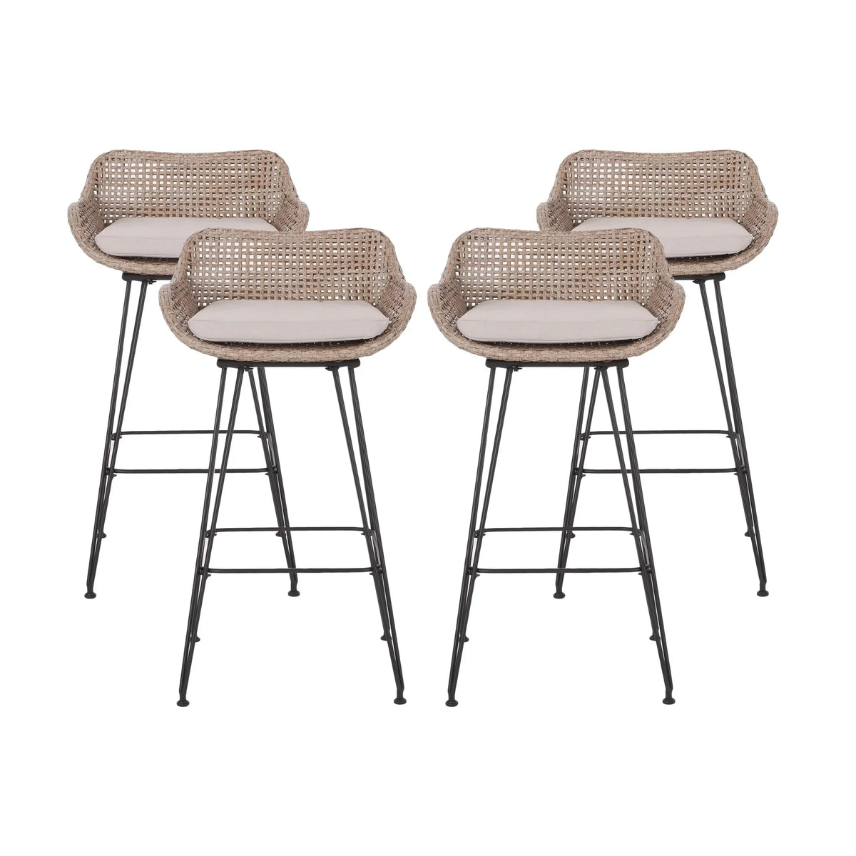 2026 NewVerano Wicker and Metal Outdoor Barstools with Cushion, Set of 4, Mixed Brown and Beige