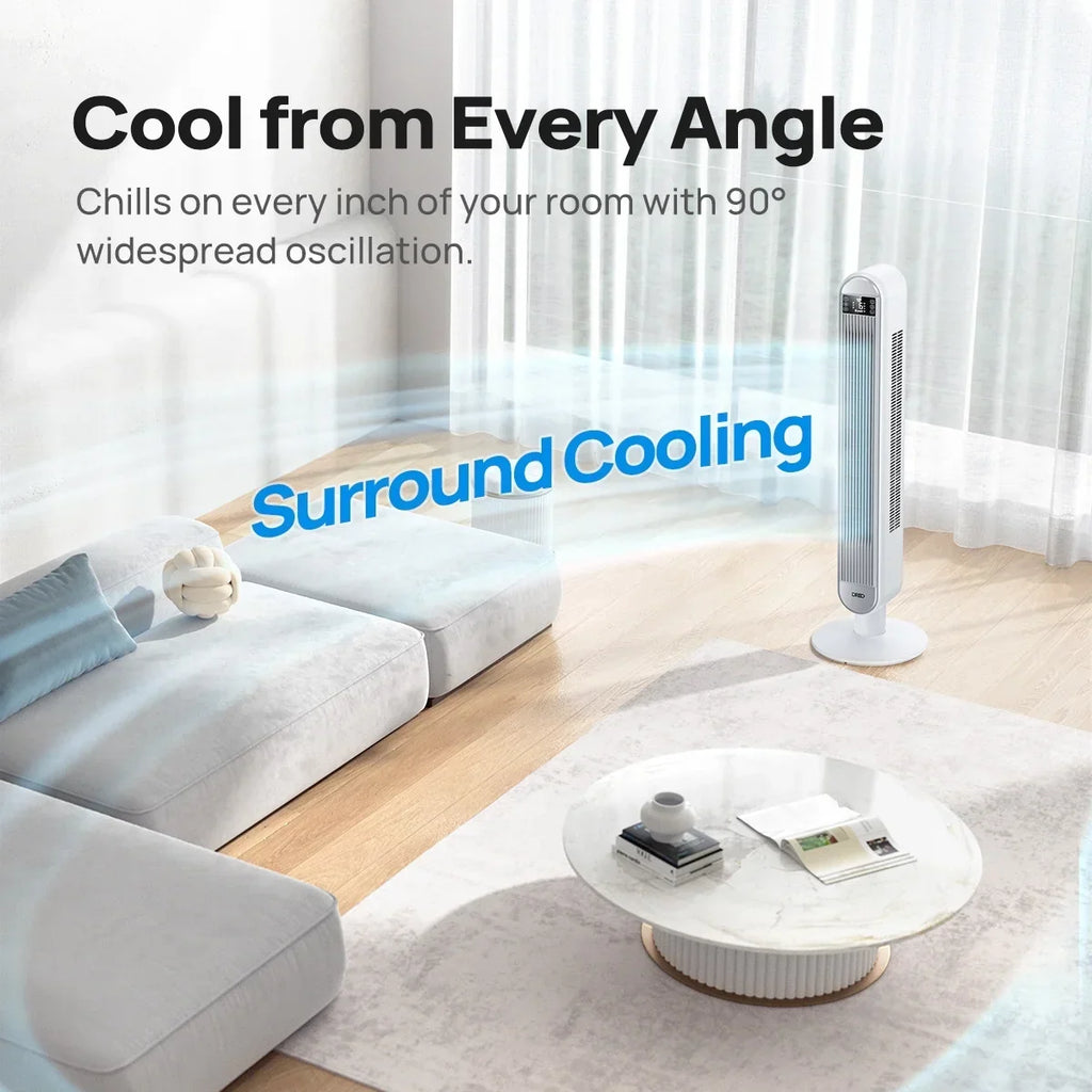 2026 NewDreo Tower Fan for Home, 42" Standing Fan with Remote, 90" Oscillating Fan for Indoors, 34dB Quiet Bedroom Fans, 6 Speeds, 4 Modes, 12H Timer, Bladeless Fan with LED Display, 26 ft/s High Velocity