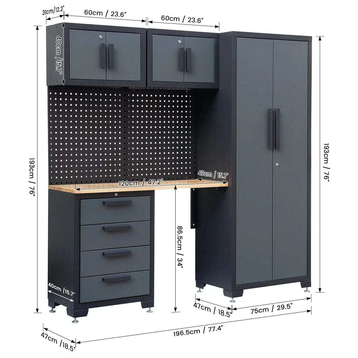 2026 NewHPDMC Garage Storage Cabinet System 7-Pcs Workshop Set Metal Garage Cabinets System with Steel Cabinet Drawers, Workbench, Pegboard for Garage Tool Organization
