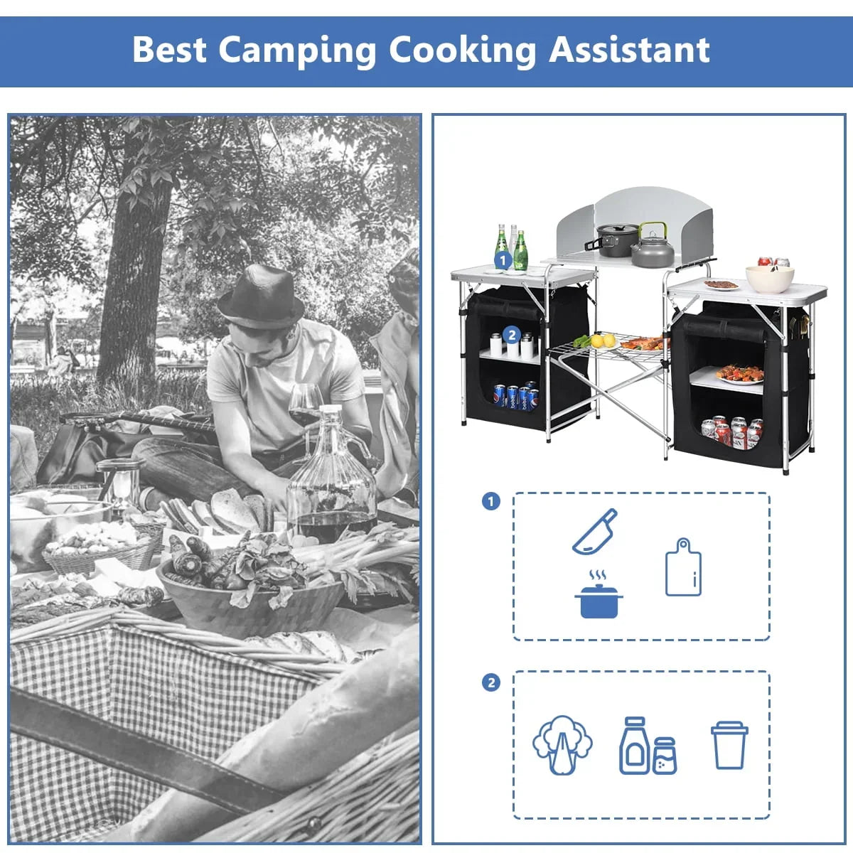 2026 NewGoplus Folding Portable Aluminum Camping Grill Table w/ Storage Organizer Windscreen Black