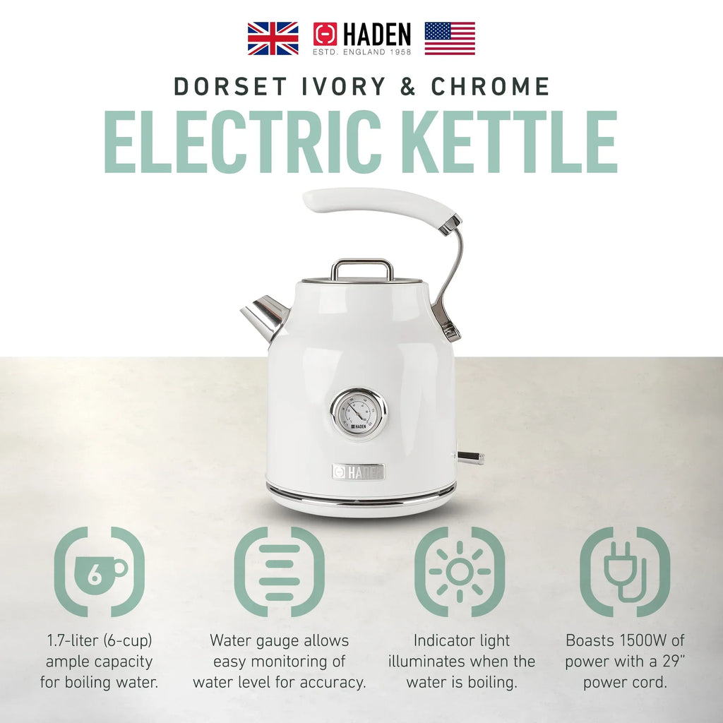 2026 NewHaden Dorset 1.7 Liter Electric Water Kettle with Base, Putty & Chrome