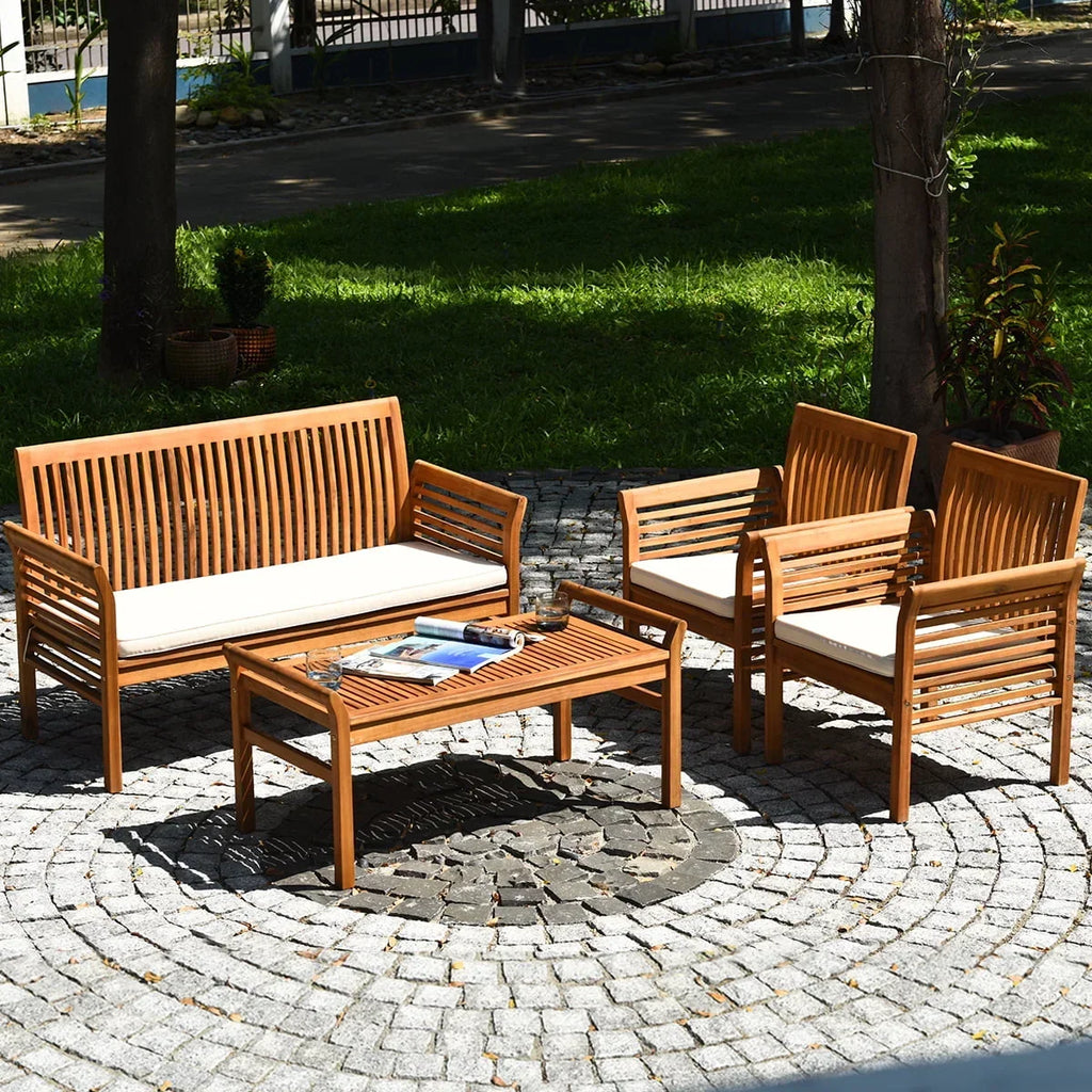2026 NewCostway 4 PCS Outdoor Acacia Wood Sofa Furniture Set Cushioned Chair Coffee Table Garden