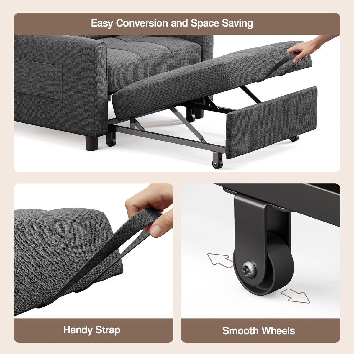 2026 NewSofa Bed, Lofka 3-in-1 Convertible Sleeper Sofa with Storage, Adjustable Backrest & Pull Out Function - Sleeper Chair for Small Space, Apartment, Dark Grey