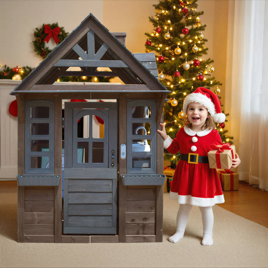 2026 NewCOCLUB Outdoor Playhouse for Kids Ages 4-8, Wooden Play House with Doorbell, Phone, Kitchen Toys, Outdoor Kids Play Equipment, Casa Para Niñas (45”L x 65”H), White & Black