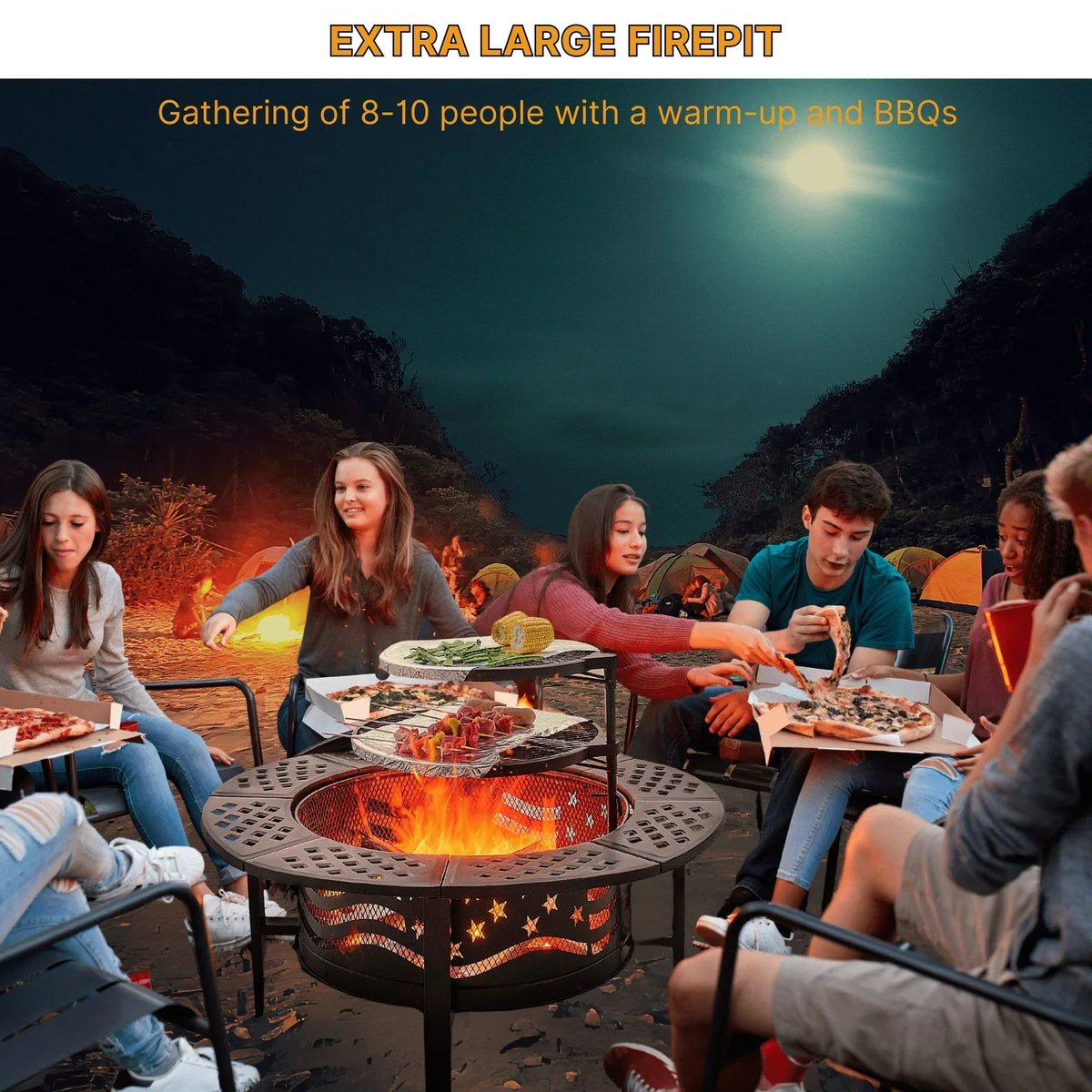 2026 NewTrumanPick Fire Pit for Outside 42" Wood Burning Fire Pit Tables with 2 Adjustable Swivel BBQ Grills, Lid, Poker for Patio Backyard BBQ Ice Storage